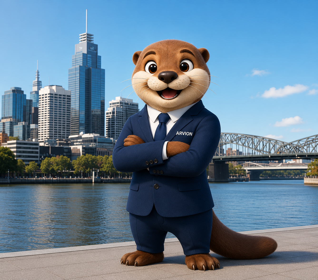 Ollie standing by the Melbourne skyline